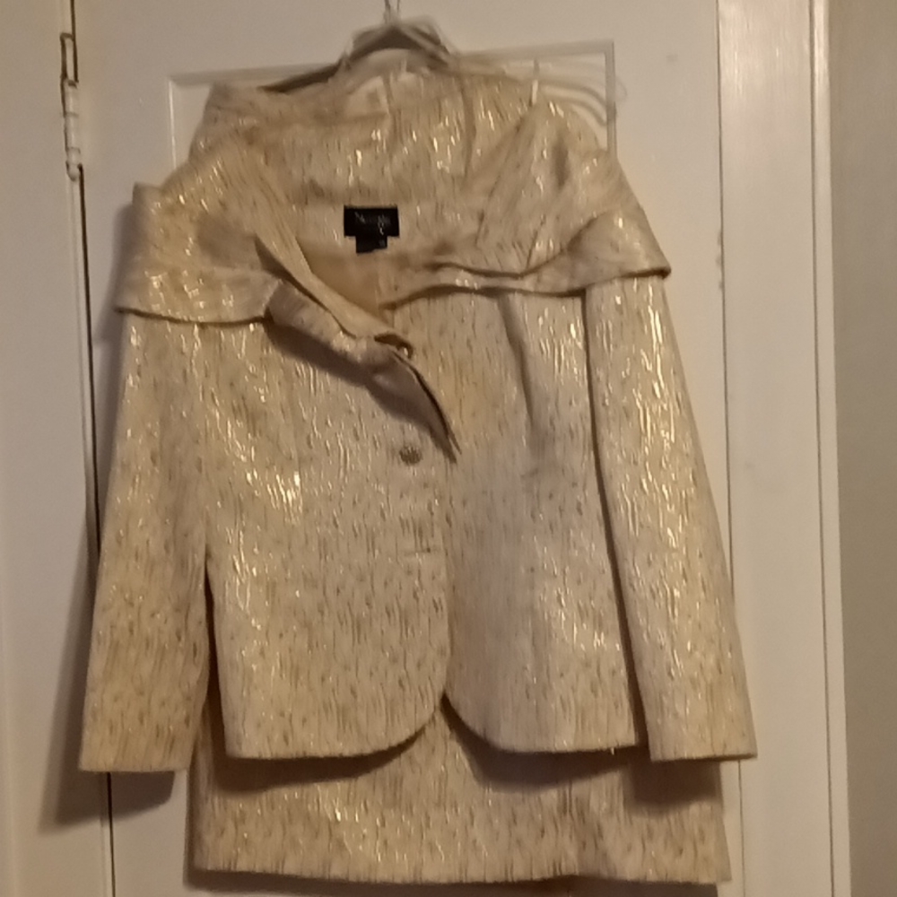 Two piece suit, church outfit gold brocade psst the knee skirt, with hat